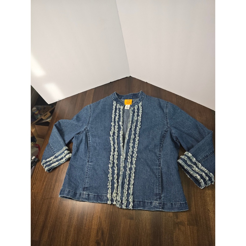 Ruby Rd Petite Denim Jacket Blue Ruffle Trim Open Front 10P Medium Wash Boho